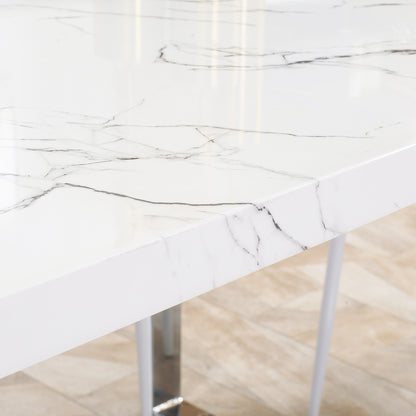 HOMCOM Modern Dining Room Table Rectangular Kitchen Table for 6-8 People with Marble Effect Tabletop Steel Legs 160 cm White