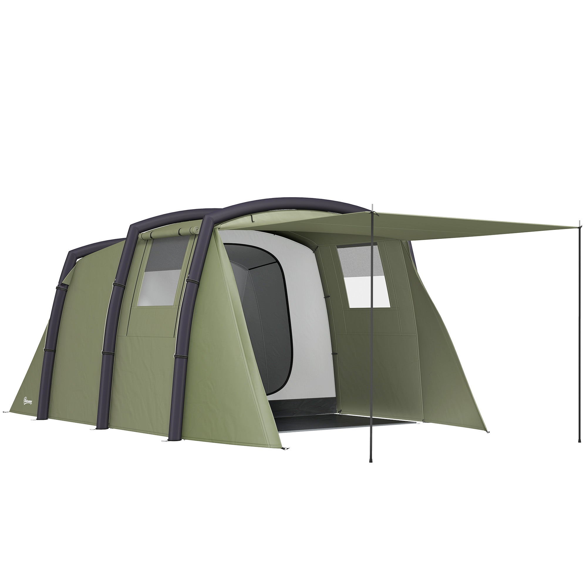 Outsunny Inflatable 3-4 Man Tunnel Tent w/ Air Pump, Living Area & Vestibule, Waterproof Family Camping Air Tent w/ Sewn In Groundsheet & Removable Footprint for Camping, Hiking, Olive Green