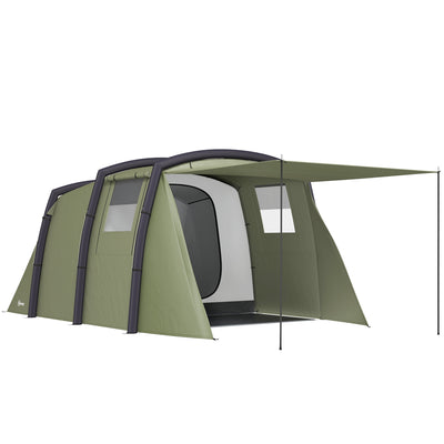 Outsunny Inflatable 3-4 Man Tunnel Tent w/ Air Pump, Living Area & Vestibule, Waterproof Family Camping Air Tent w/ Sewn In Groundsheet & Removable Footprint for Camping, Hiking, Olive Green 