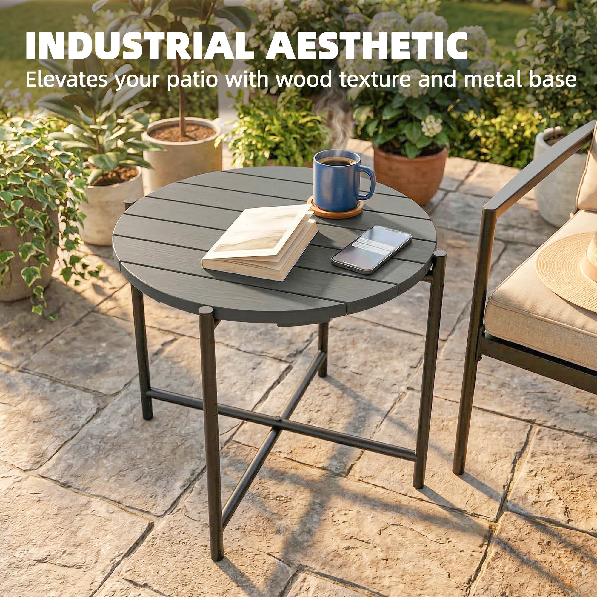 Outsunny 54 cm Round Outdoor Side Table, Industrial Small Garden Table with Slatted Wood Top and Metal Frame, Dark Grey 
