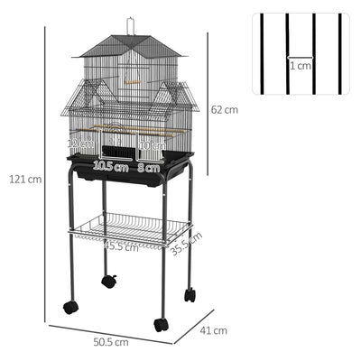 PawHut Metal Bird Cage with Plastic Swing, Perch, Food Container, Tray, Handle, for Finches, Canaries, Budgies, 43.5 x 33 x 121 