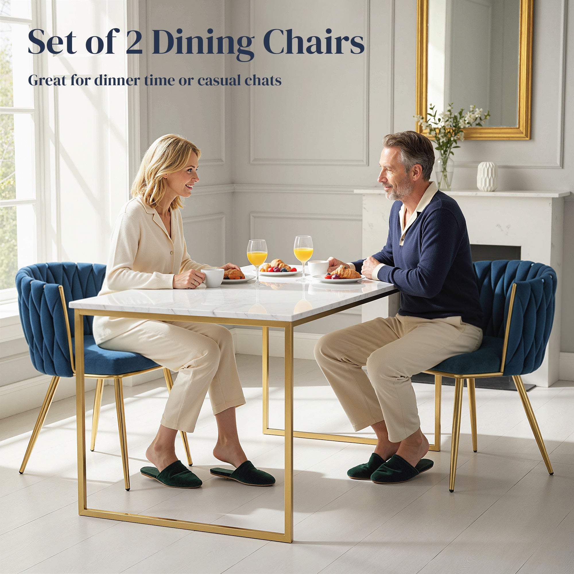 HOMCOM Velvet-Feel Dining Chairs Set of 2, Modern Upholstered Armchair with Knot Design and Golden Metal Legs, Accent Chair for Dining Room, Bedroom, Kitchen, Living Room, Dark Blue 