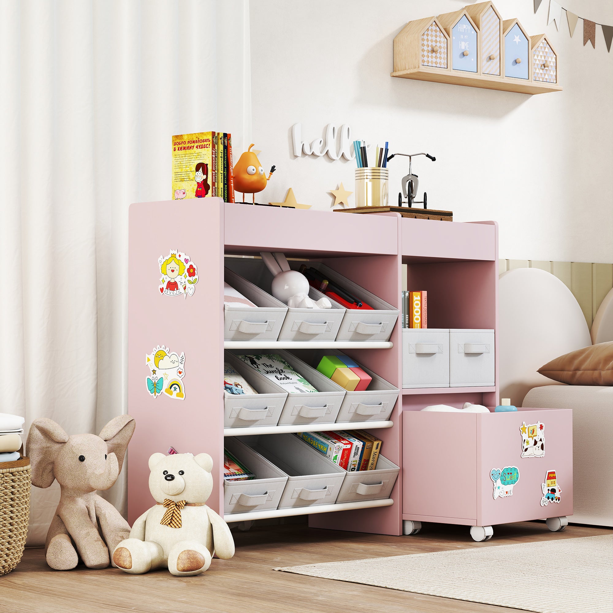 AIYAPLAY Kids Toy Storage Unit with 11 Bins, Cabinet, Top Shelves, 3 Stickers, for Nursery, Playroom, Pink 