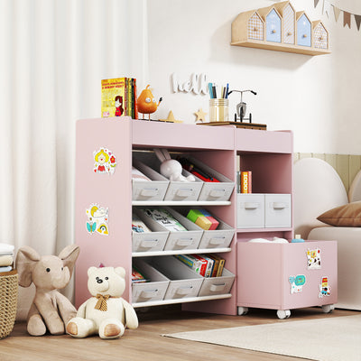AIYAPLAY Kids Toy Storage Unit with 11 Bins, Cabinet, Top Shelves, 3 Stickers, for Nursery, Playroom, Pink 