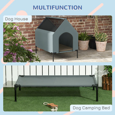 PawHut Dog House Outdoor Elevated Dog Bed with Removable Cover, Mesh Windows, Storage Bag, for S and M-Sized Dogs, Grey 