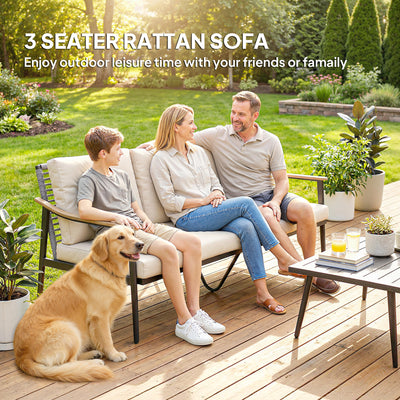 Outsunny 3 Seater Rattan Sofa, Outdoor Garden Sofa with Wood-Effect Armrests, Cushions for Patio, Balcony, Khaki 