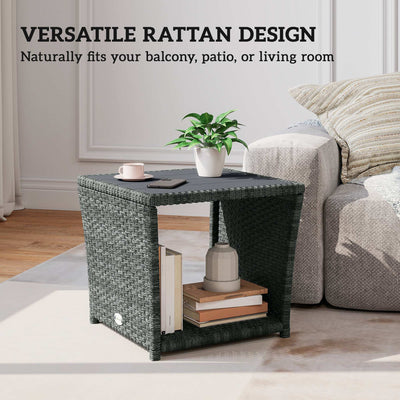 Outsunny Side Table 2-Tier Outdoor Coffee Table with Storage Shelf PS Wood Slat Top/Grey 