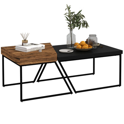 HOMCOM Coffee Table Set of 2, Industrial Nesting Table with Steel Frame and 8cm Thick Tabletop, Sofa Side End Table for Living Room, Rustic Brown 
