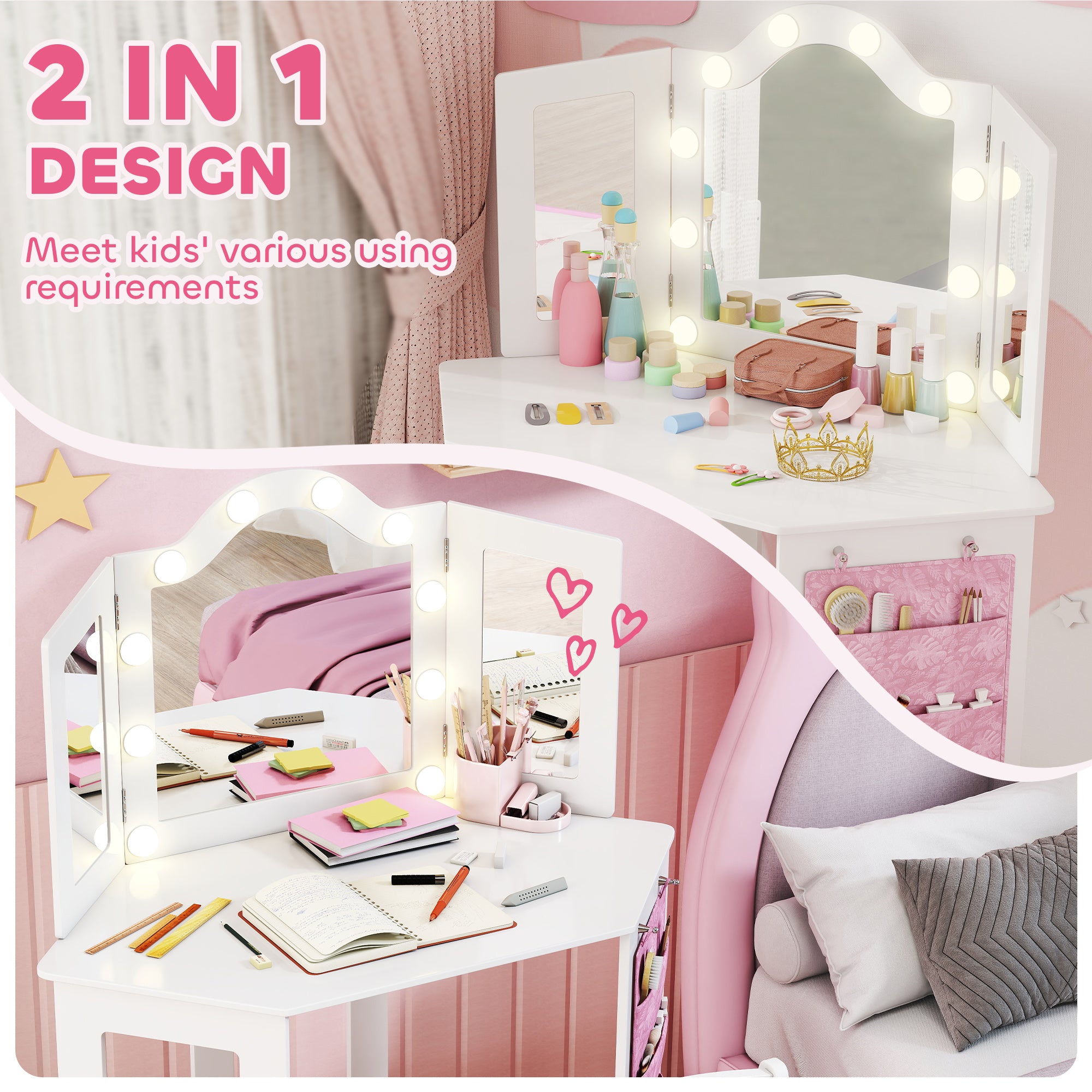 AIYAPLAY Kids Dressing Table and Stool Set, Girls Vanity Table with 2-Colour LED Lights, Tri-Folding Mirror, White 