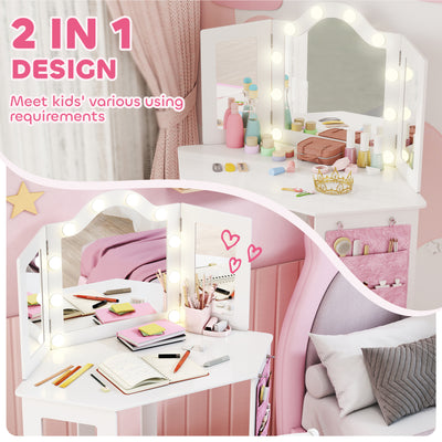 AIYAPLAY Kids Dressing Table and Stool Set, Girls Vanity Table with 2-Colour LED Lights, Tri-Folding Mirror, White 