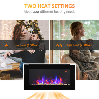 HOMCOM LED Wall Mounted Fireplace Curved Glass Electric Fire Place for Living Room, 1000W/2000W, 48H x 90.8W x 11.5Dcm, Black 