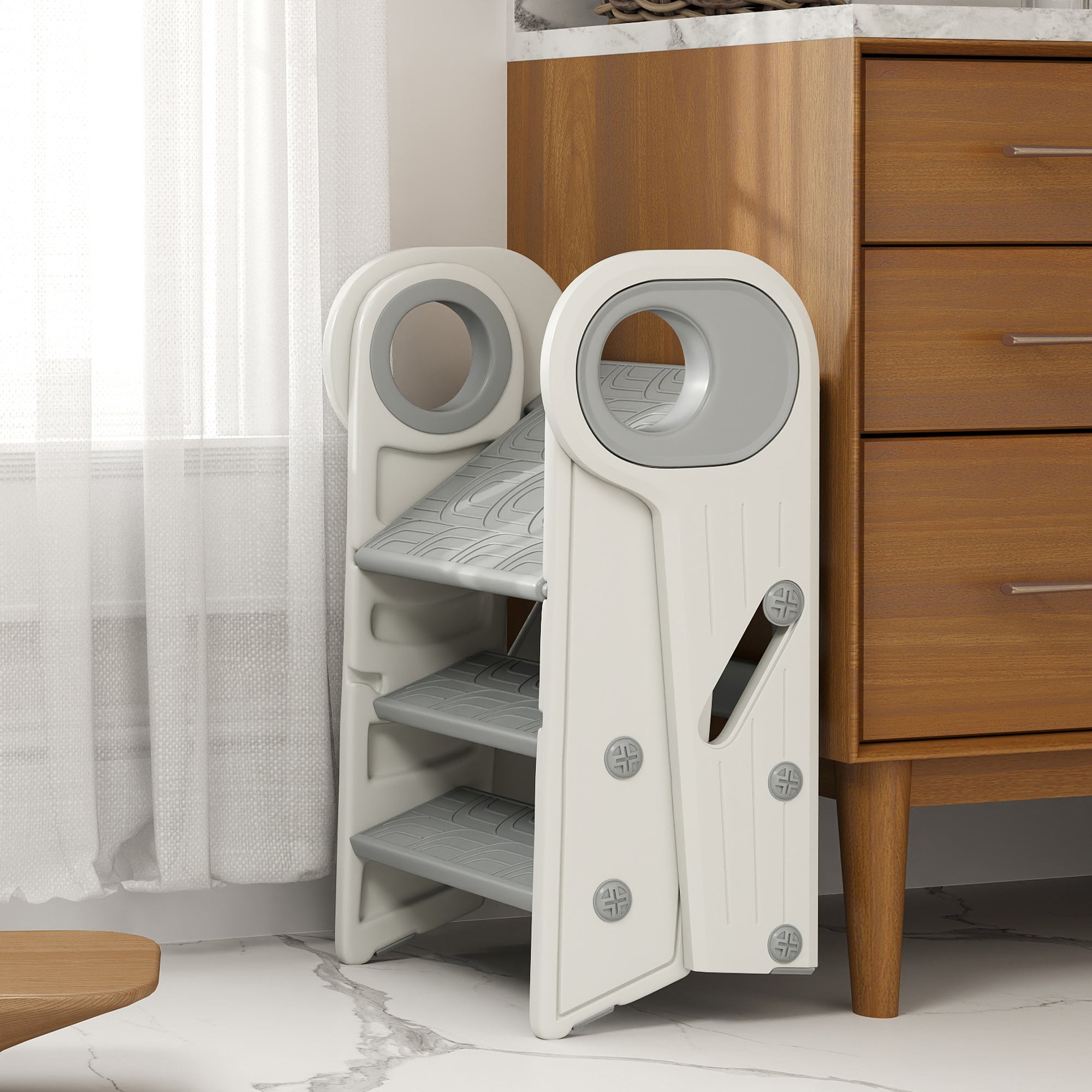 AIYAPLAY Foldable and Adjustable Toddler Tower with Handle, Non-Slip, Grey 