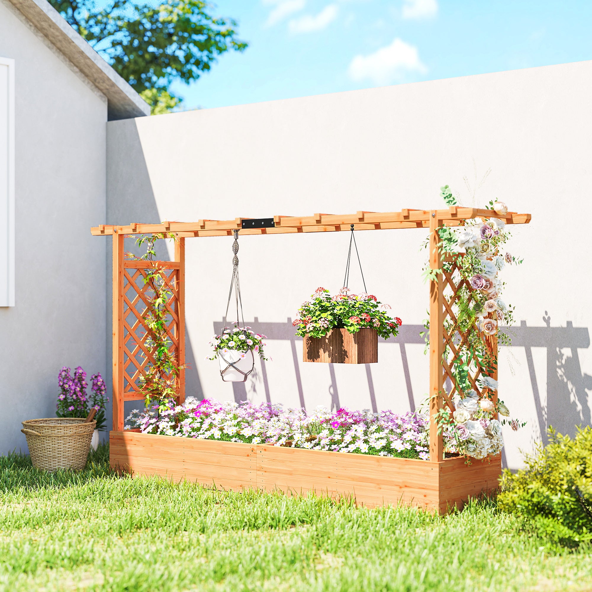 Outsunny Raised Planter with Trellis, Wooden Raised Bed for Garden with Hanging Roof and Drainage Holes, Outdoor Planter Box 