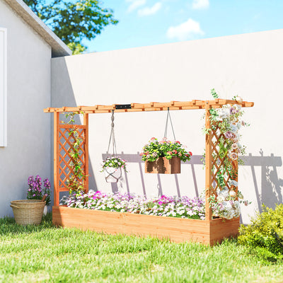 Outsunny Raised Planter with Trellis, Wooden Raised Bed for Garden with Hanging Roof and Drainage Holes, Outdoor Planter Box 
