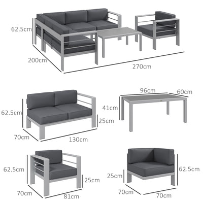 Outsunny Five-Piece Aluminium Garden Sofa Set, with Glass-Top Table - Grey 