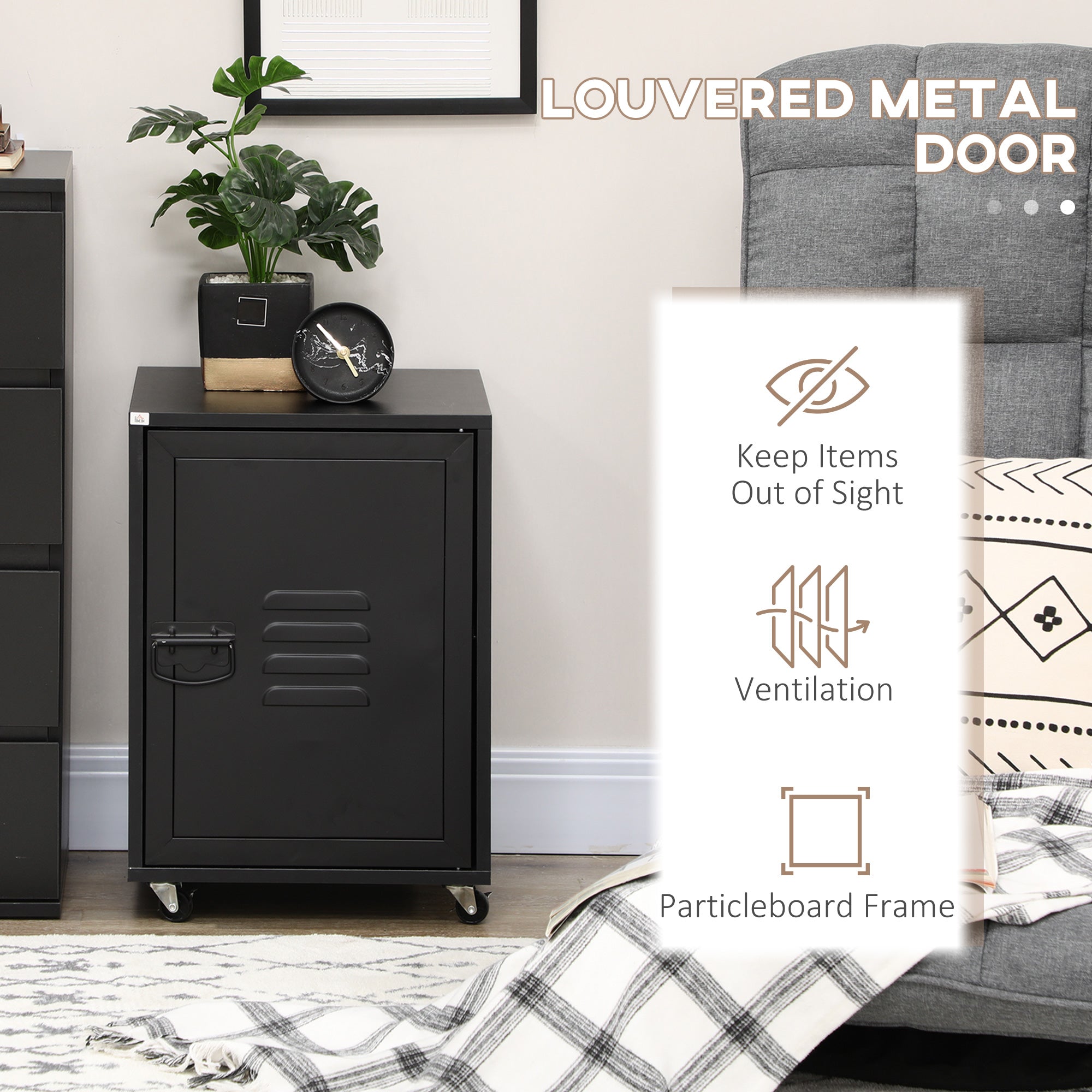 HOMCOM Industrial Bedside Table, Rolling End Side Table, Mobile Storage Cabinet With Adjustable Shelf, Wheels & Metal Door for Bedroom, Living Room, Home Office, Black 