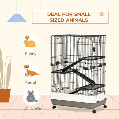 PawHut Four-Tier Small Animal Cage, for Bunnies, Ferrets, Chinchillas w/ Wheels, Tray - Black 