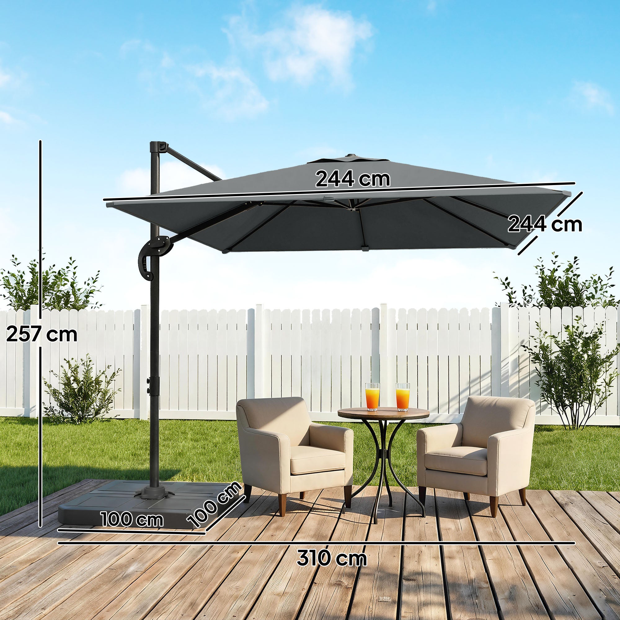 Outsunny 2.4 x 2.4m Cantilever Parasol with Umbrella Weights, UPF50+ Offset Outdoor Umbrella w/ Easy Tilt Adjustment, Dark Grey 