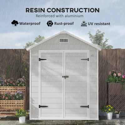 Outsunny 6 x 5ft Garden Shed, Plastic Shed with Floor, Window, Lockable Doors and Vents, Wood Effect Resin Tool Shed for Outdoor Patio, Light Grey 