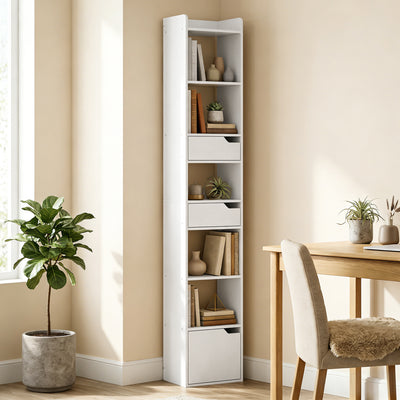 HOMCOM Bookcase Tall Narrow with 5 Tiers and Drawers Freestanding Bookshelf Storage Cabinet for Living Room White Wood Effect