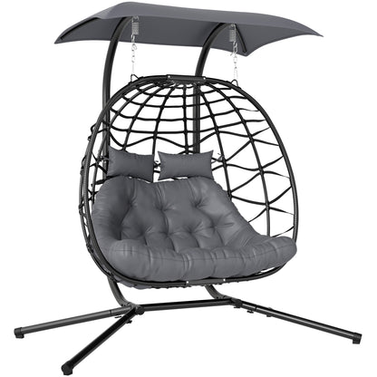 Outsunny Rattan Double Hanging Egg Chair with Canopy, Foldable Wicker Swing Egg Chair with Cushion, Head Pillows, Stand, Steel Frame, Hammock Chair for Indoor Outdoor, Capacity 260 kg, Black