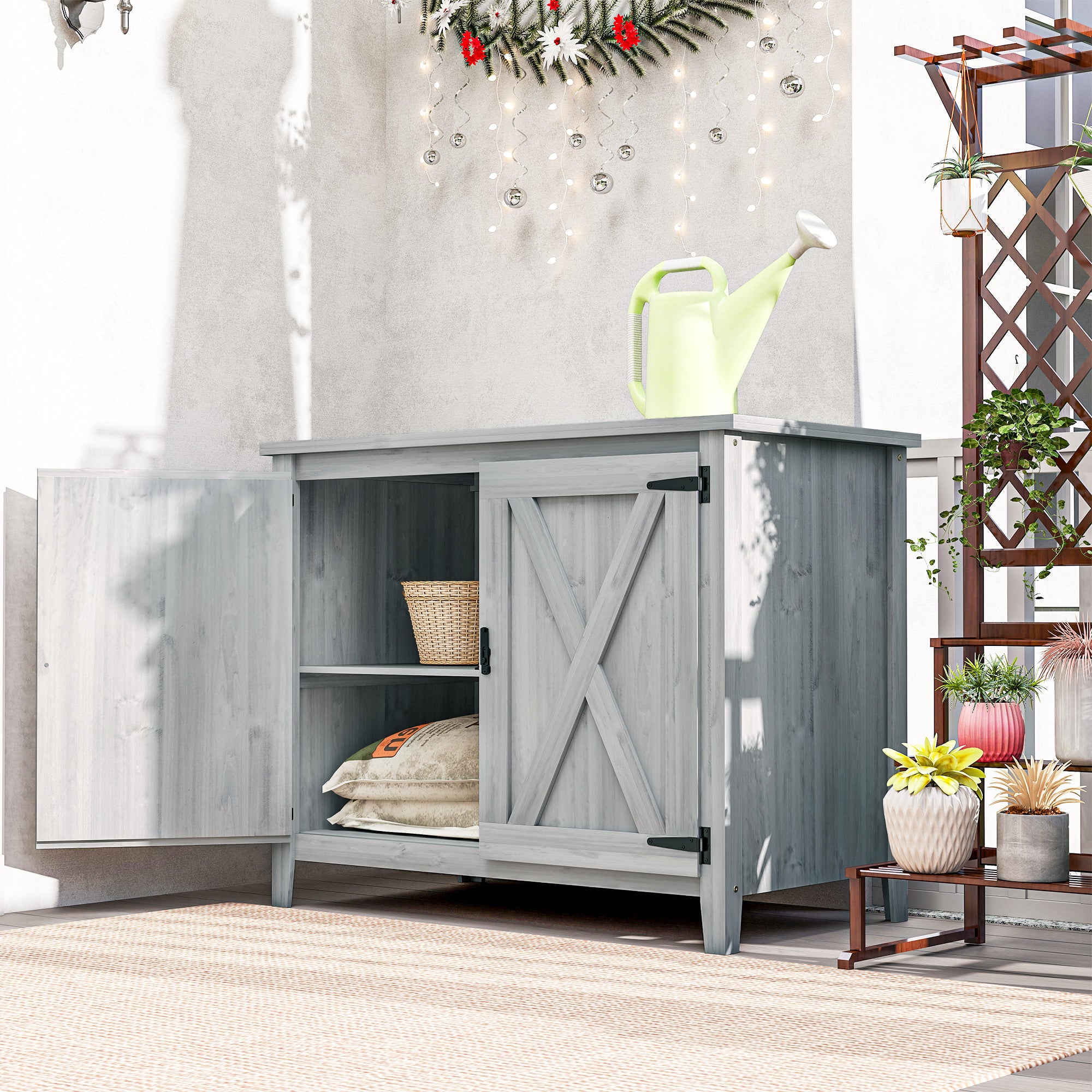 Outsunny Wooden Garden Shed, Outdoor Fir Wood Storage Shed with Shelf and Double Doors, Light Grey 