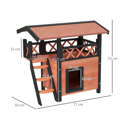 PawHut Cat House Outdoor w/ Balcony Stairs Roof, 77 x 50 x 73 cm, Brown 