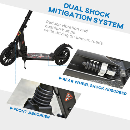 HOMCOM Adult Teens Kick Scooter Foldable Height Adjustable Aluminium Ride On Toy for 14+ w/ Rear Wheel & Hand Brake, 200mm Big Wheels, Shock Mitigation System - Black 