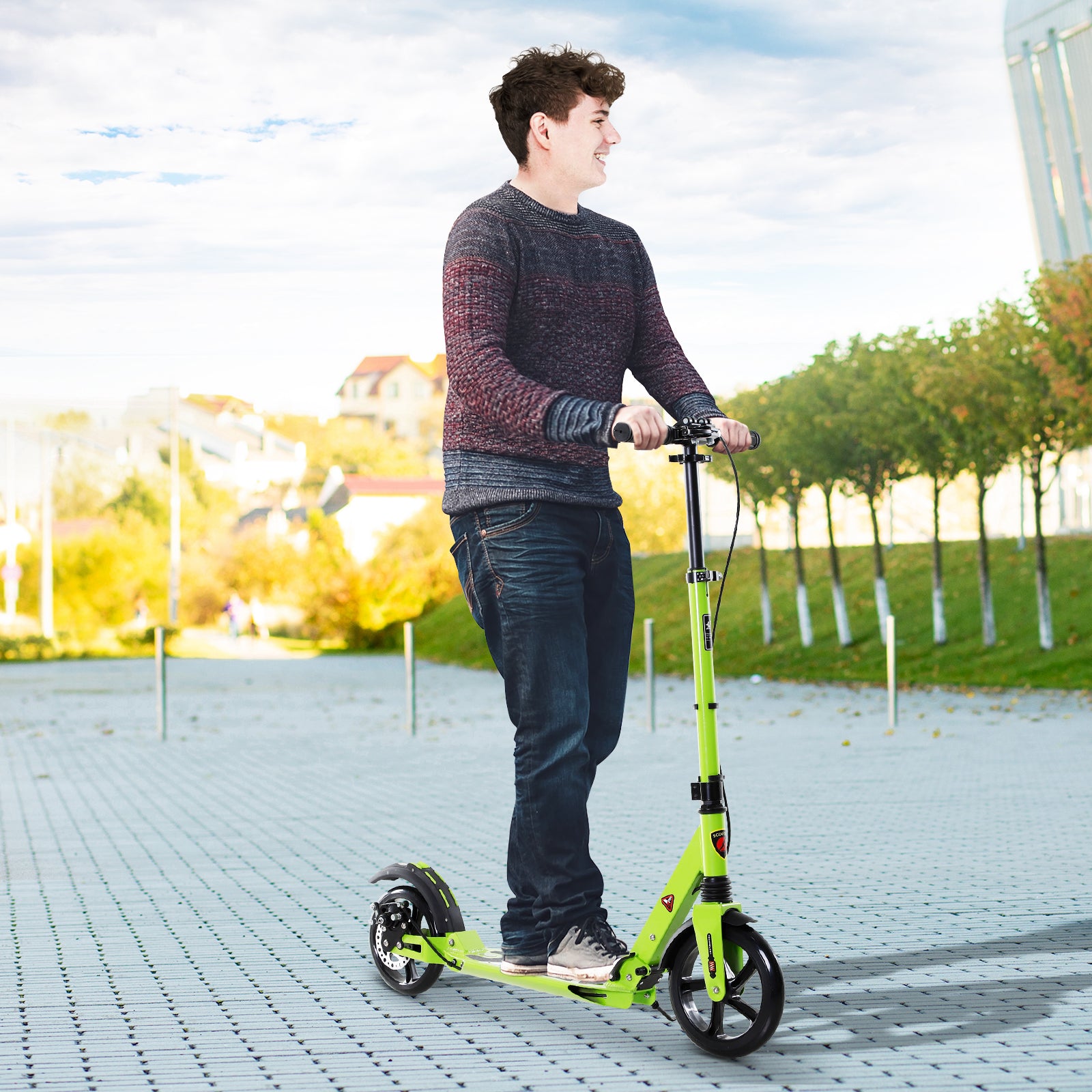 HOMCOM Kick Scooter, Folding 2 Wheel Scooter for 14+ Teens Adults, with Dual Brake System, Dual Suspension, 230mm Big Wheels, 3 Adjustable Handlebar, up to 100KG, Green 