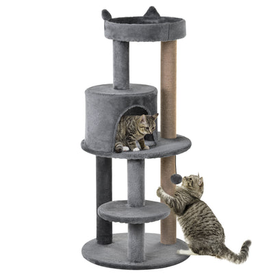 PawHut 104 cm Cat Tree, Cat Condo Tree Tower, Cat Activity Centre with Scratching Posts, Plush Perch, Hanging Ball - Grey 