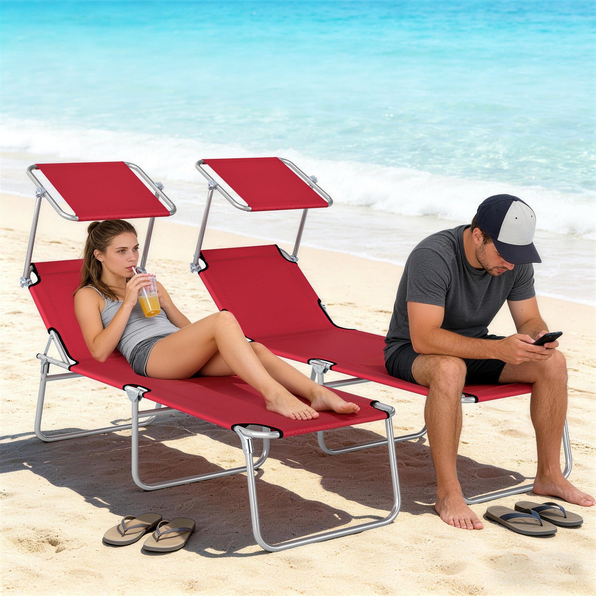 Outsunny Outdoor Foldable Sun Lounger Set of 2, 4 Level Adjustable Backrest Reclining Sun Lounger Chair with Angle 
