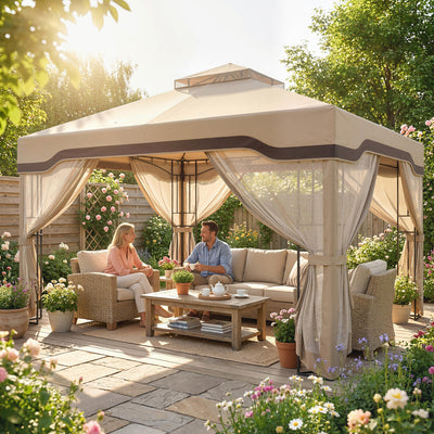 Outsunny 3 x 3.6 m Outdoor Garden Gazebo with Post Shelves, UPF50+ Patio Permanent Pavilion with Hook, Khaki 