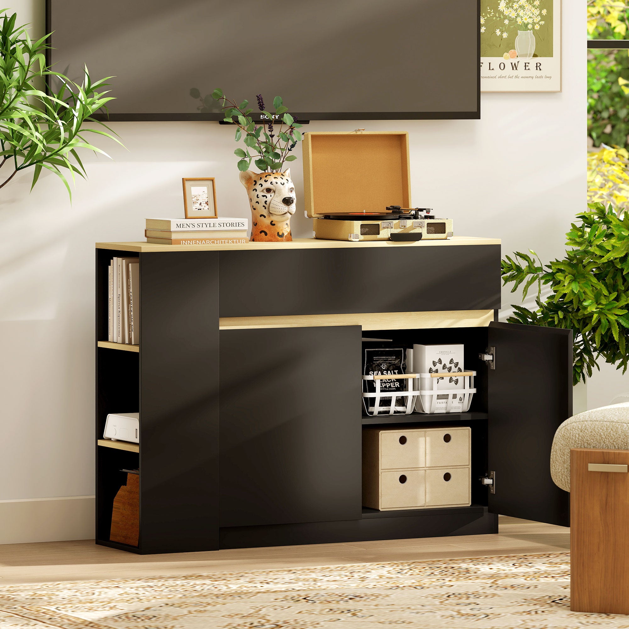 HOMCOM Sideboard, Storage Cabinet with Adjustable Shelf, 2 Drawers, 3 Open Shelves, Black 