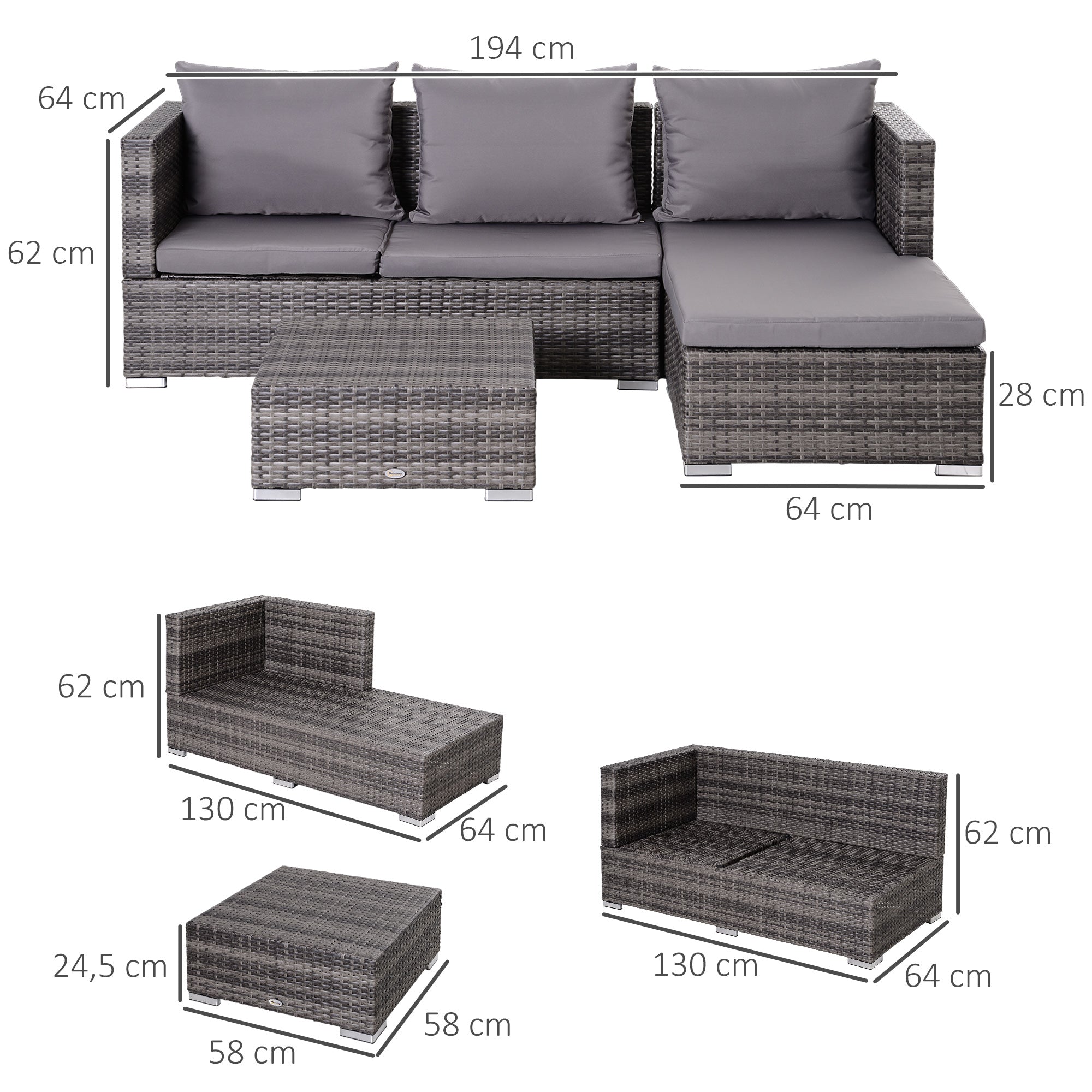 Outsunny 3PC Rattan Garden Furniture Storage Sofa Set 4 Seater Wicker Coffee Table Conservatory Sun Lounger Reclining Set Outdoor Weave with Cushion Grey 