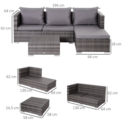 Outsunny 3PC Rattan Garden Furniture Storage Sofa Set 4 Seater Wicker Coffee Table Conservatory Sun Lounger Reclining Set Outdoor Weave with Cushion Grey 