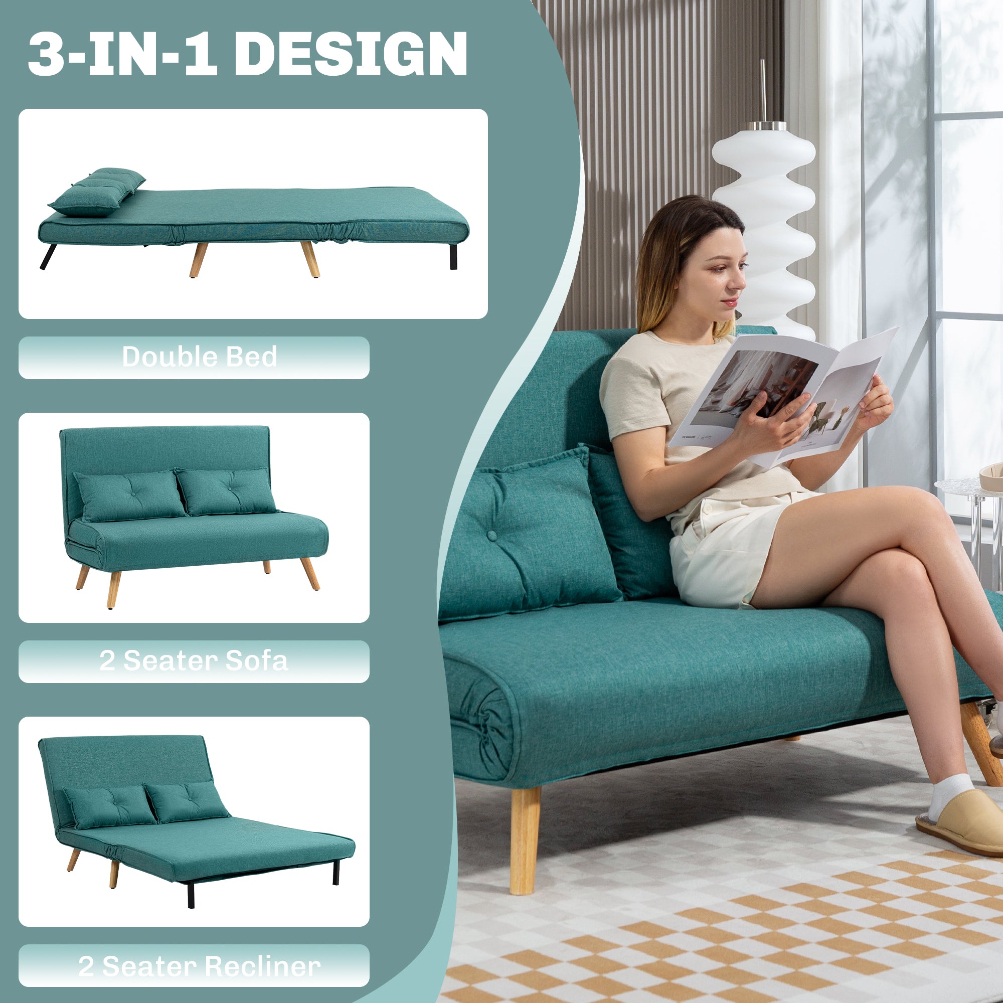 HOMCOM Two-Seater Linen-Look Sofa Bed - Green