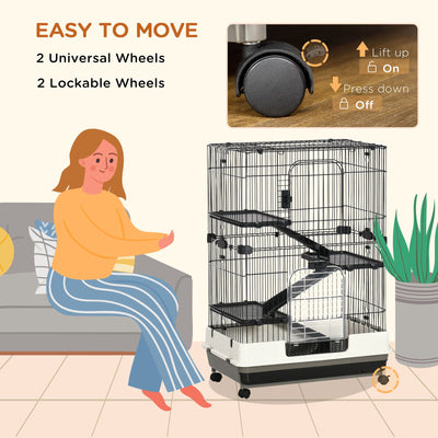 PawHut Four-Tier Small Animal Cage, for Bunnies, Ferrets, Chinchillas w/ Wheels, Tray - Black 