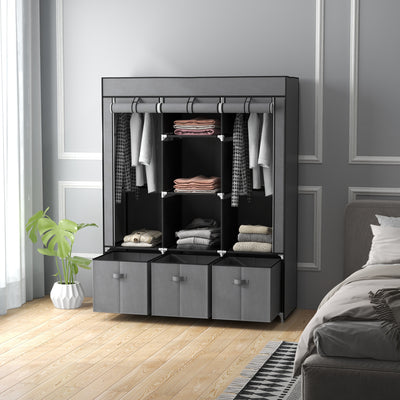 HOMCOM Fabric Wardrobe for Bedroom, Portable Wardrobe with 5 Shelves, 2 Hanging Rails and 3 Fabric Drawers, Foldable Closet, 125 x 43 x 162.5cm, Dark Grey 