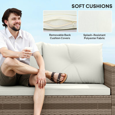 Outsunny 3 Pieces Rattan Garden Furniture Set, L Shaped Garden Conversation Chaise Lounge Furniture with Wood Top Coffee Table and Thick Cushions, Cream 