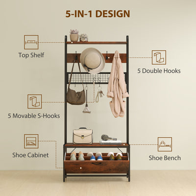 HOMCOM 5-In-1 Industrial-Style Hallway Tree - Brown/Black 