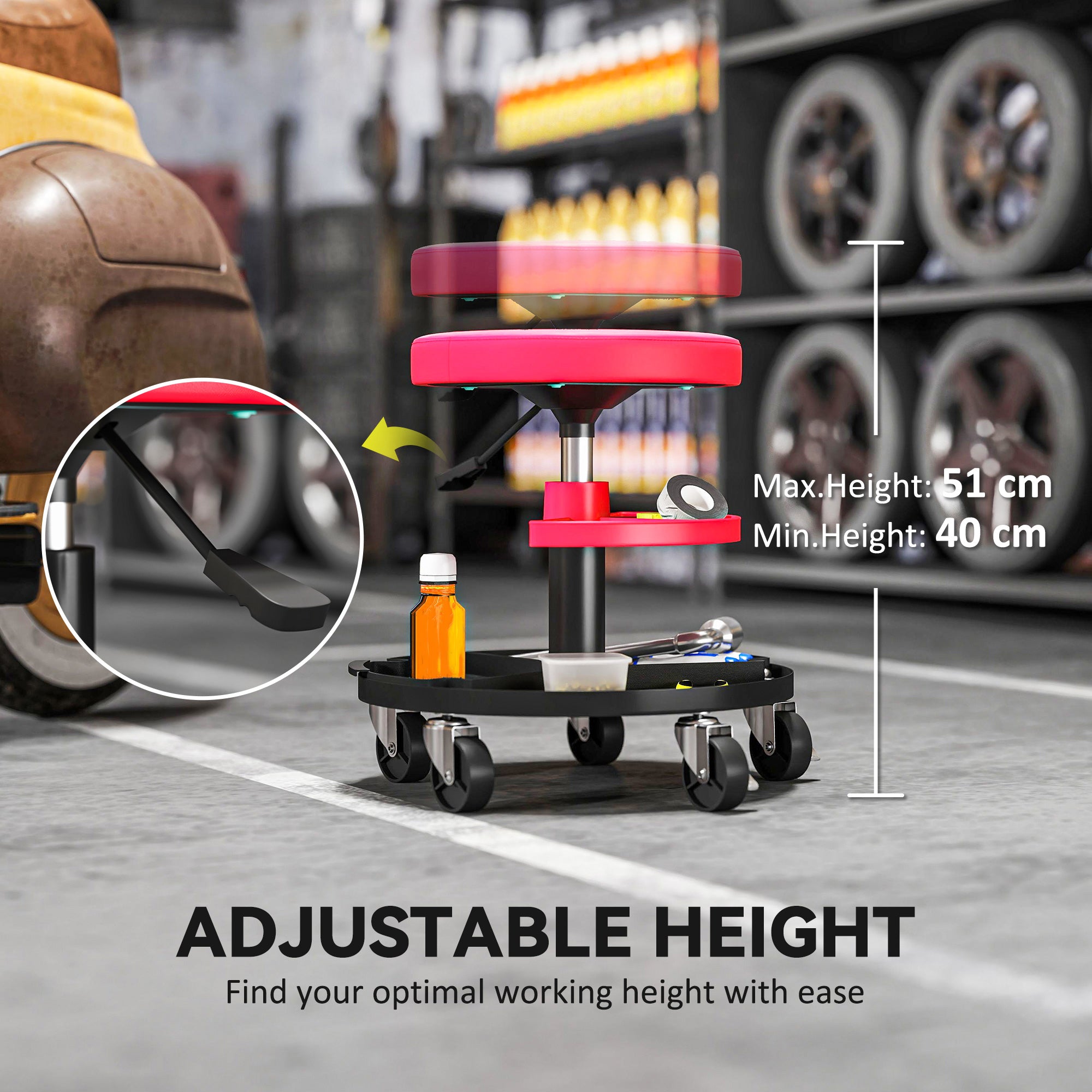 HOMCOM Rolling Mechanic Stool, 135kg Capacity Workshop Stool, 360° Swivel Roller Padded Creeper Seat with Wheels, Tool Trays Storage for Garage, Shop, Auto Repair, Red 