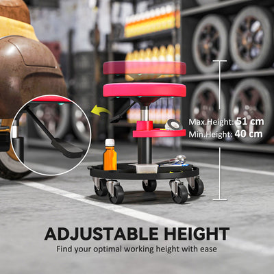 HOMCOM Rolling Mechanic Stool, 135kg Capacity Workshop Stool, 360° Swivel Roller Padded Creeper Seat with Wheels, Tool Trays Storage for Garage, Shop, Auto Repair, Red 
