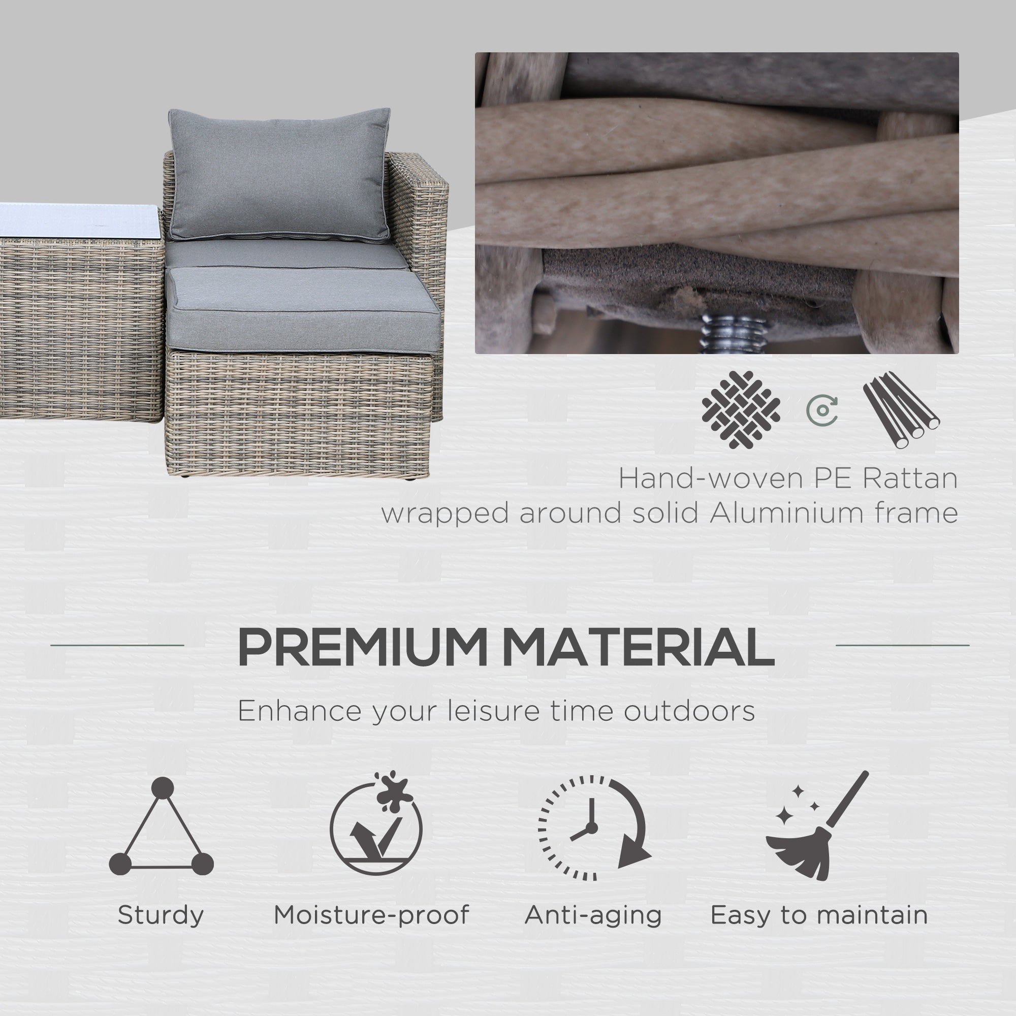 Outsunny 5 Piece Rattan Garden Furniture Set w/ 10cm Thick Cushions, Aluminium Frame Wicker Outdoor Balcony Sofa Set with Corner Armchairs, Ottomans, and Glass Top Table, Mixed Brown 