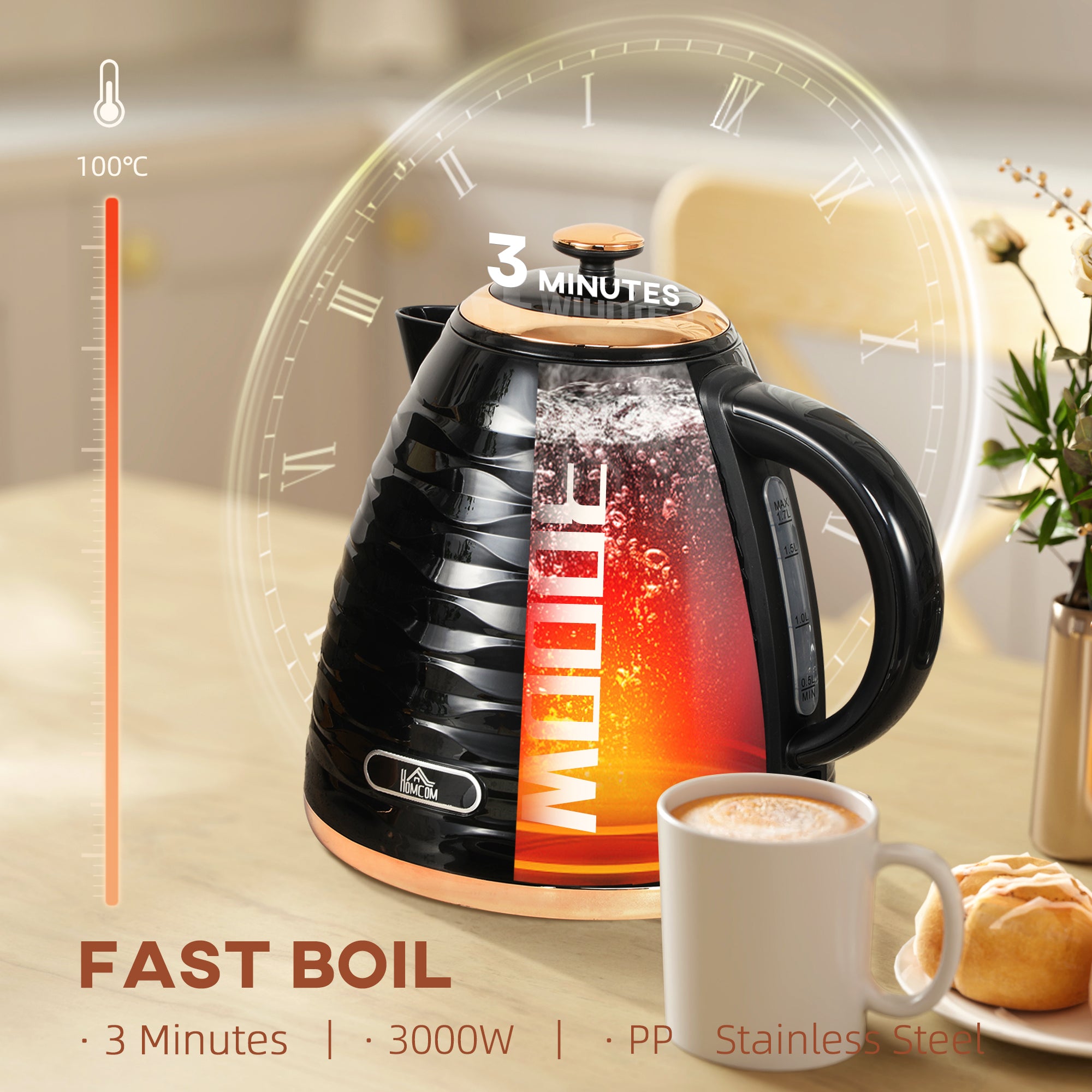 HOMCOM 3kW Rapid Boil Honeycomb Kettle - Black