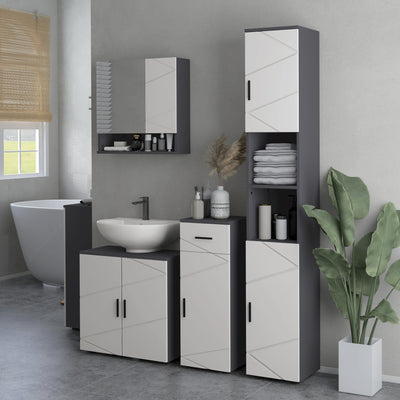 kleankin 183cm Tall Bathroom Cabinet, Narrow Bathroom Storage Cabinet with Open Shelves, 2 Doors Cabinets, Adjustable Shelves and Soft Close Mechanism, Grey 