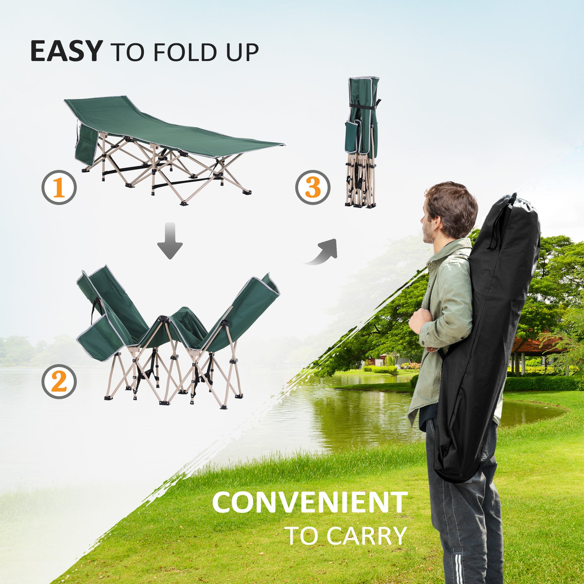 Outsunny Single Person Camping Bed Folding Cot Outdoor Patio Portable Military Sleeping Bed Travel Guest Leisure Fishing with Side Pocket and Carry Bag - Green 