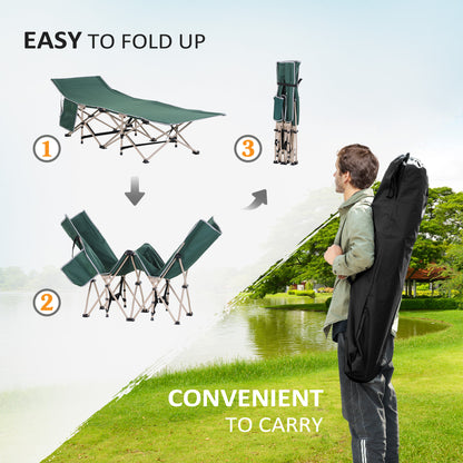 Outsunny Single Person Camping Bed Folding Cot Outdoor Patio Portable Military Sleeping Bed Travel Guest Leisure Fishing with Side Pocket and Carry Bag - Green 