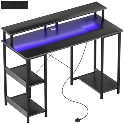 HOMCOM LED Computer Desk, with Power Outlets and Shelves - Carbon Fibre Grey 
