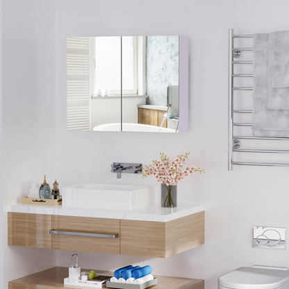 HOMCOM Double Door Wall Mounted Glass Mirror Cabinet Modern Storage Unit Bathroom Shelf Organiser Waterproof Wooden Frame 80Wx15Dx60H(cm) 