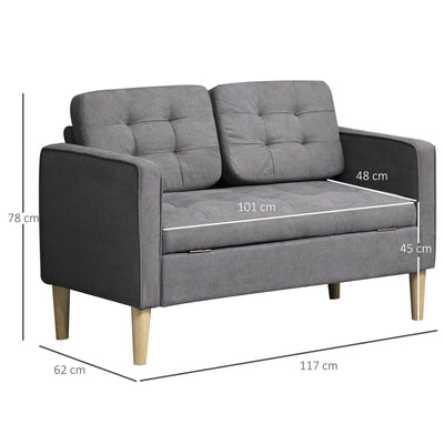 HOMCOM Modern 2 Seater Sofa with Hidden Storage, 117cm Tufted Cotton Couch with Wood Legs, Compact Loveseat for Living Room, Kitchen, Grey 
